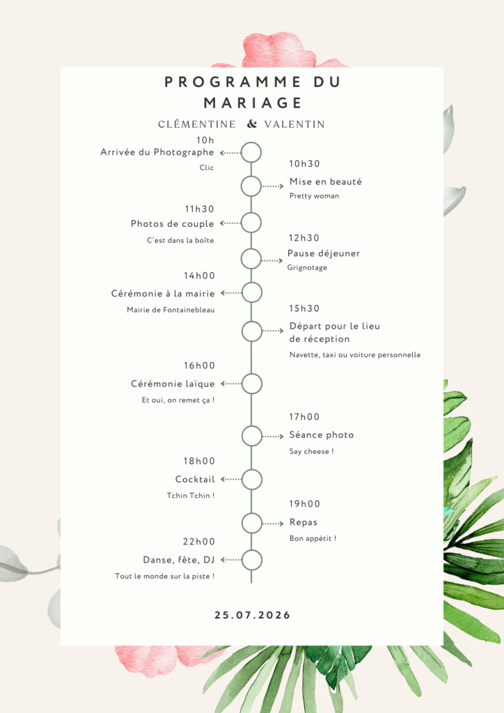 Planning du jour J et programme de mariage chronologique à Fontainebleau conçu par une wedding planner en Seine-et-Marne.