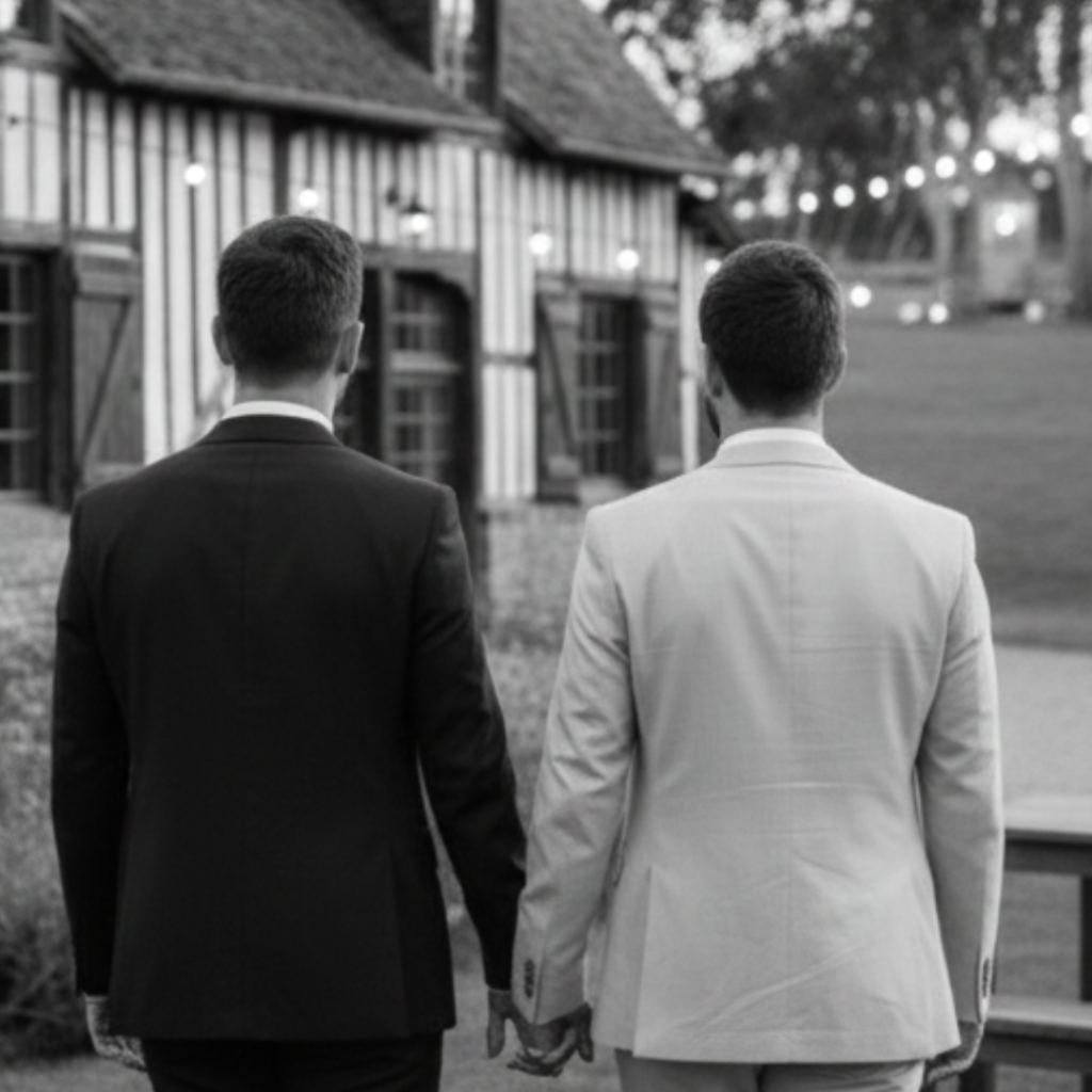 Mariage de deux hommes se tenant par la main et marchant de dos devant un domaine normand avec colombages avec votre wedding planner en Seine-et-Marne