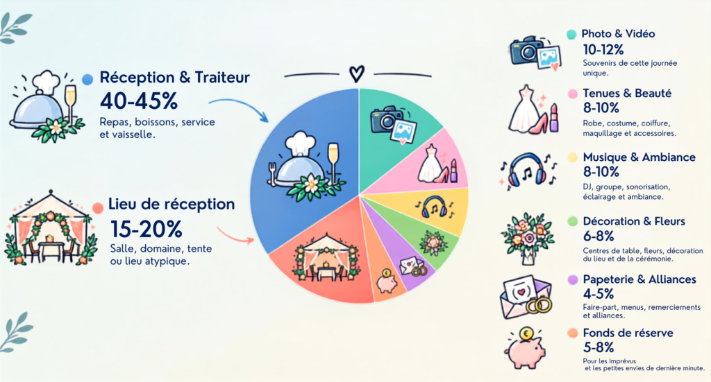 Infographie de répartition idéale du budget mariage en camembert par poste de dépenses organisé en Seine et Marne